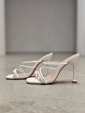 Strappy White High Heel Mules With Square Toe & Slim Stiletto Heels For Women